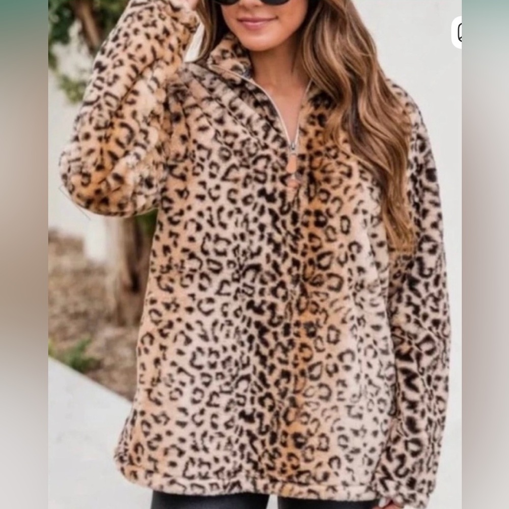 Pink Lily Leopard Sherpa Quarter Zip Sweater